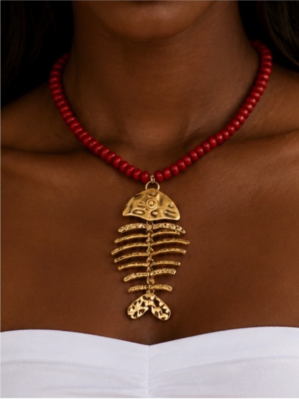 New! Coastal Red Beaded Gold Fishbone Statement Necklace NWOT (1076) - Picture 2 of 3
